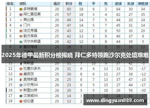 2025年德甲最新积分榜揭晓 拜仁多特领跑沙尔克处境艰难